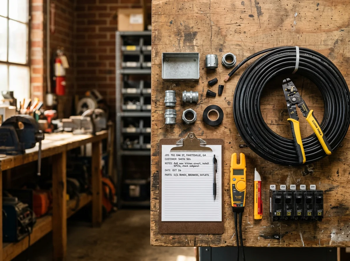 Electrical tools and equipment arranged on a work surface, representing the trade and readiness for service calls.