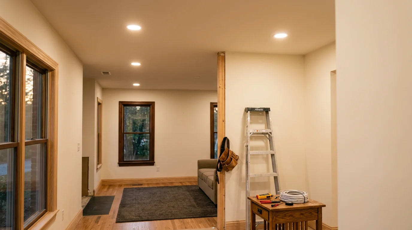 Modern interior lighting fixtures installed in residential kitchen