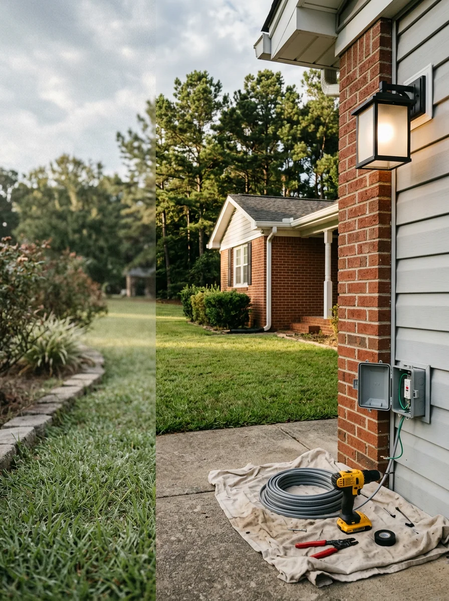 Electrician installing an outdoor lighting fixture on a home in Clayton County, Georgia