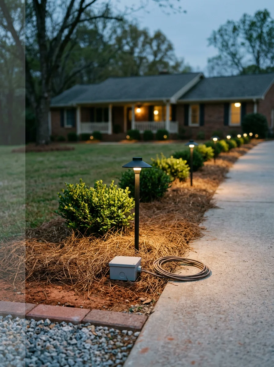 Outdoor landscape lighting installed along a driveway in Coweta County, GA