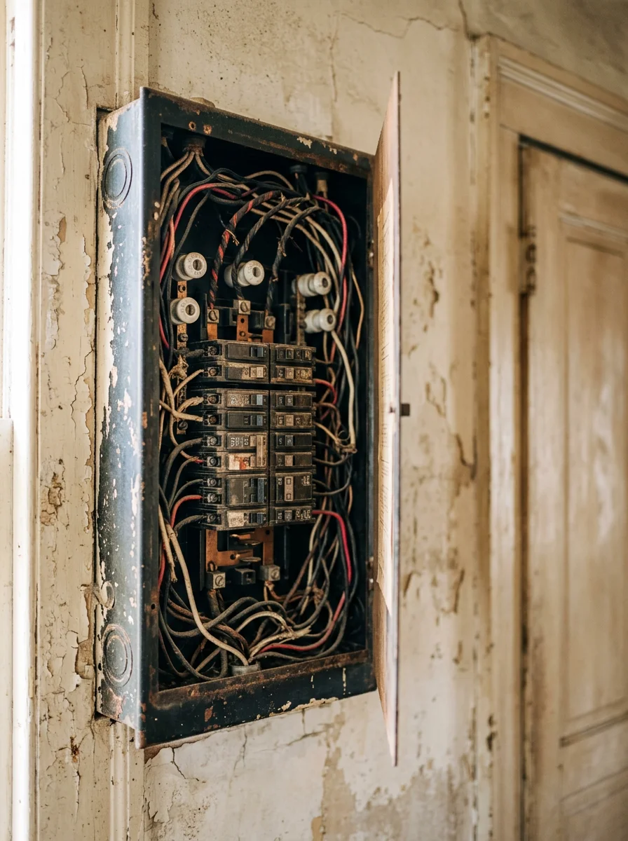 An open electrical panel inside a pre-1970s single-family home in East Point, GA, showing original wiring and breakers being evaluated for replacement.