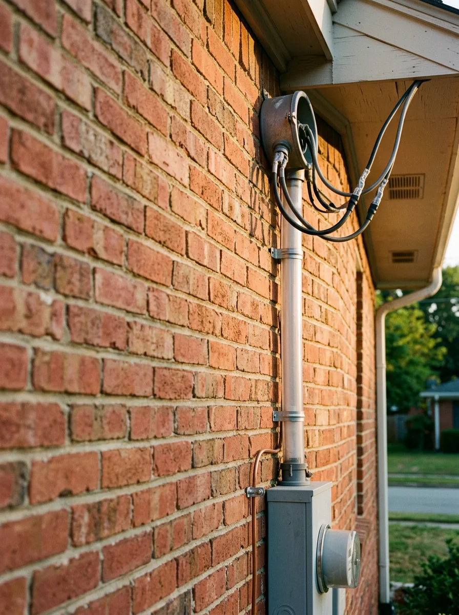 Close-up of a weatherhead service entrance on a brick ranch home in Fayetteville, GA, showing the point where overhead utility lines connect to the house.