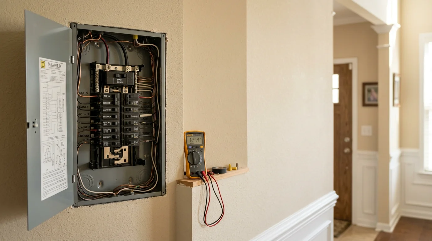 An electrician inspecting a residential electrical panel inside a single-family home in a Fayetteville, GA subdivision, with breakers visible and a voltage tester in hand.