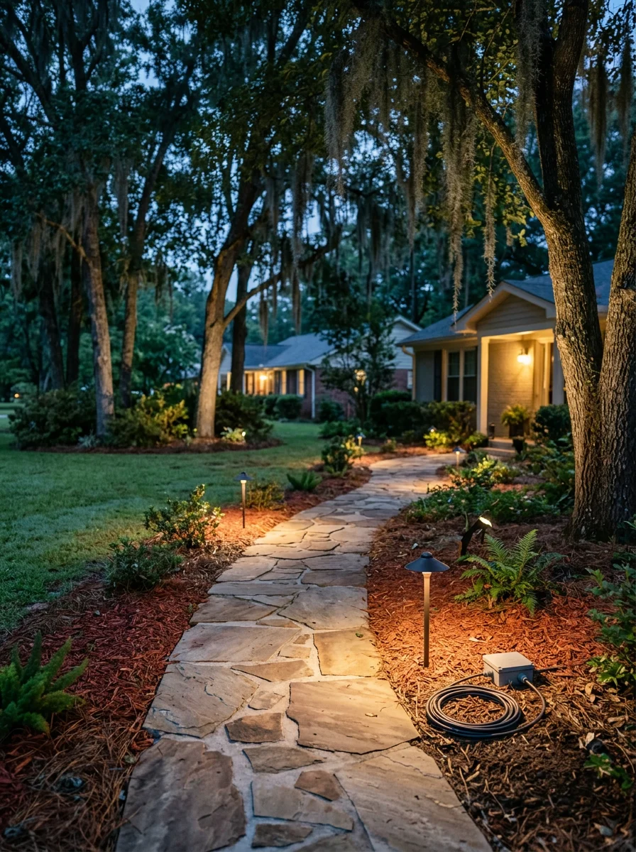 Landscape lighting illuminating a walkway and oak trees at a Hampton, Georgia home