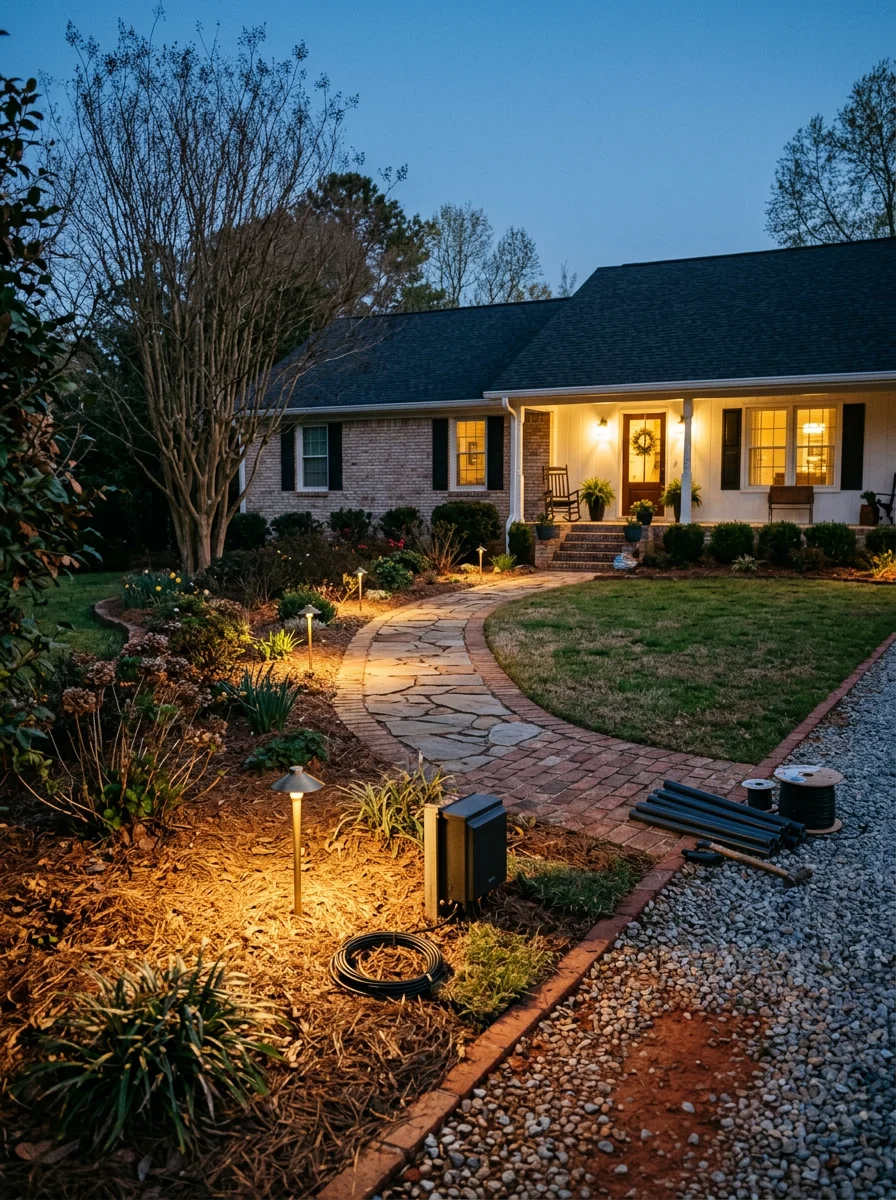 Outdoor landscape lighting illuminating a front yard in McDonough, Georgia
