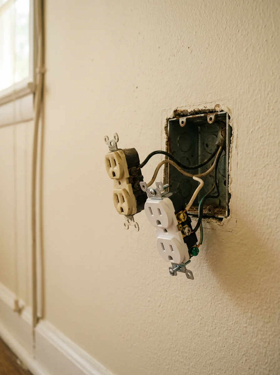 A two-prong ungrounded outlet on the wall of a mid-century home in Jonesboro, GA, being replaced with a grounded three-prong outlet by an electrician.