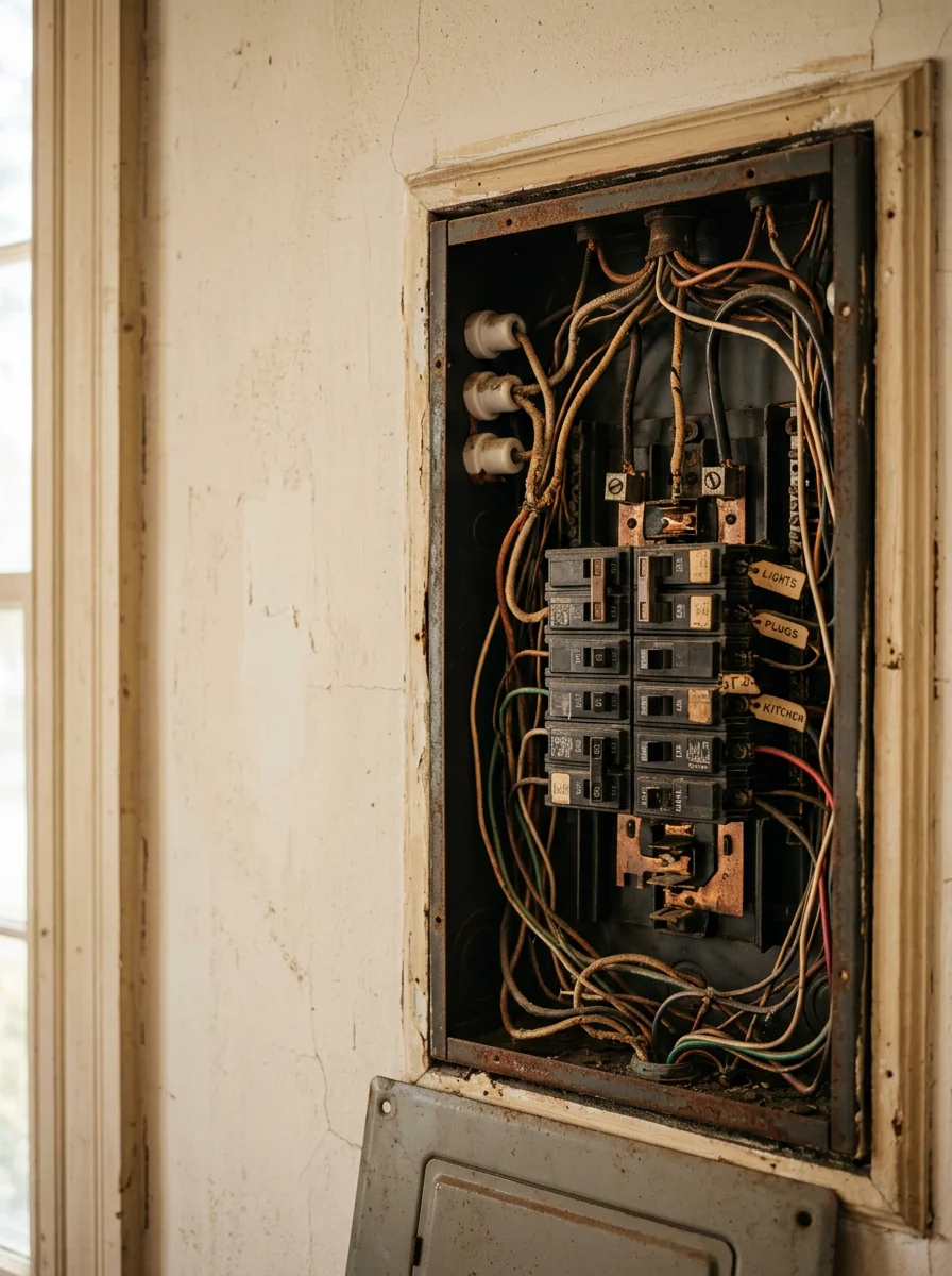 An open electrical panel inside a historic home near downtown Newnan, GA, showing older wiring and breakers being assessed for upgrade.