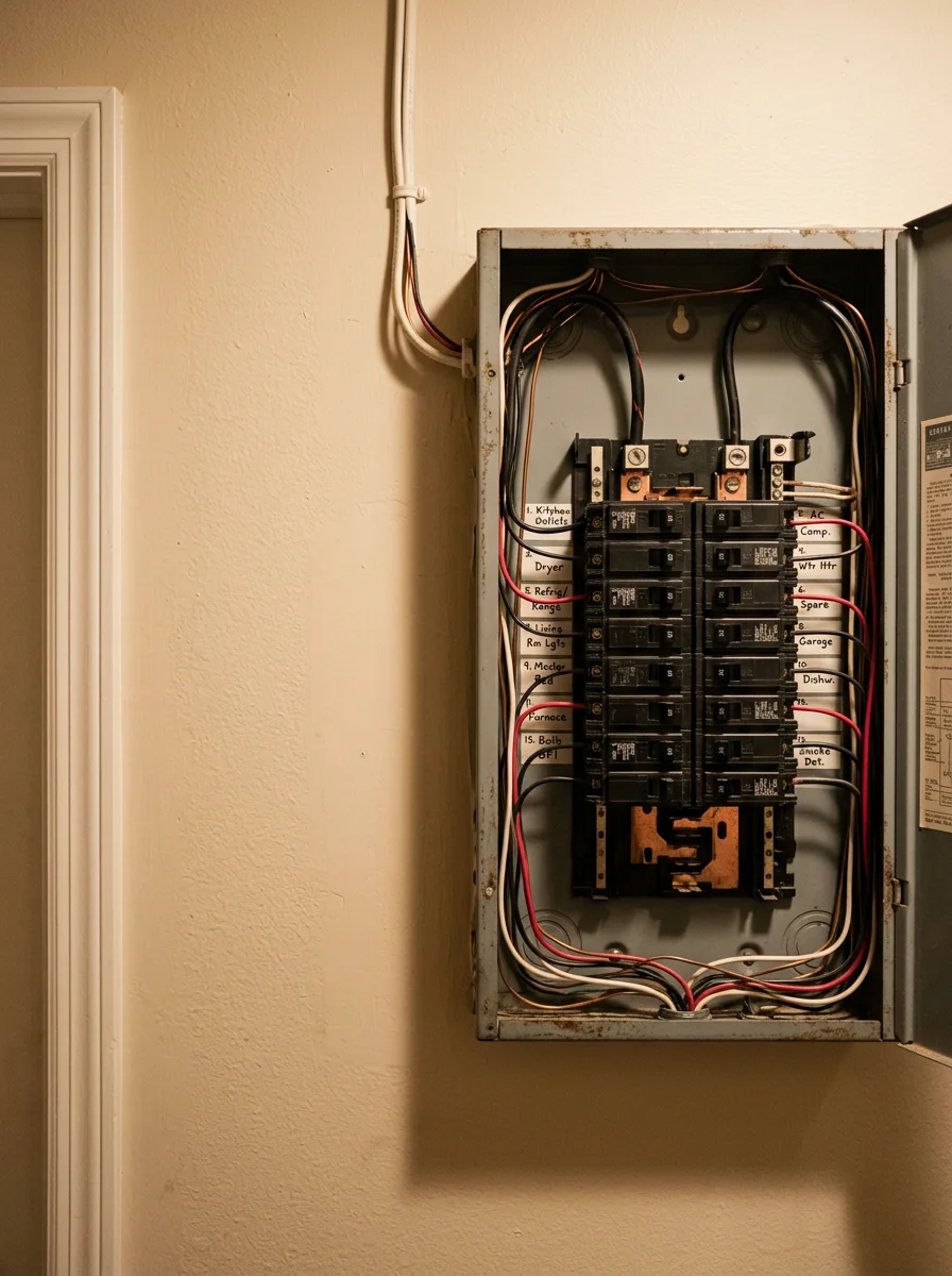 A residential electrical panel open for inspection inside a mid-century home in one of Peachtree City's five villages, showing breakers and wiring.