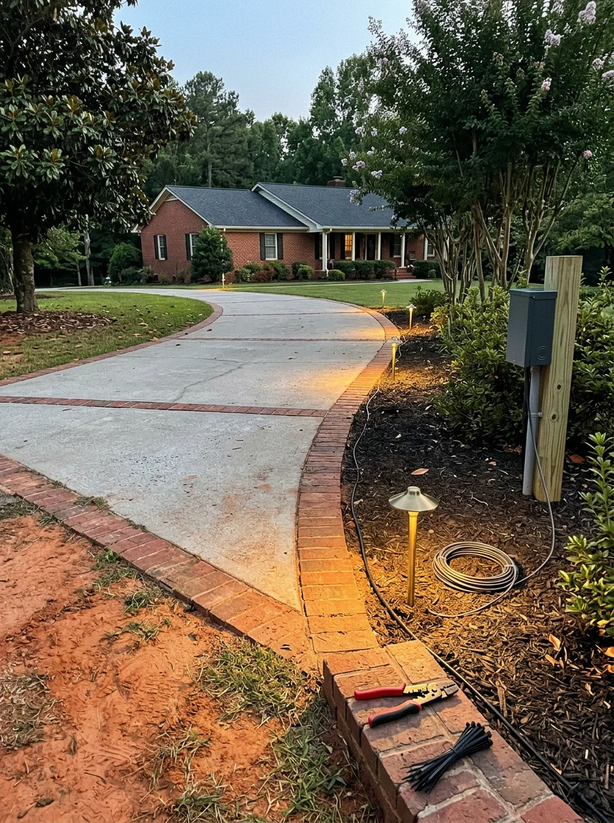 Outdoor landscape lighting along a residential driveway in Sharpsburg, GA