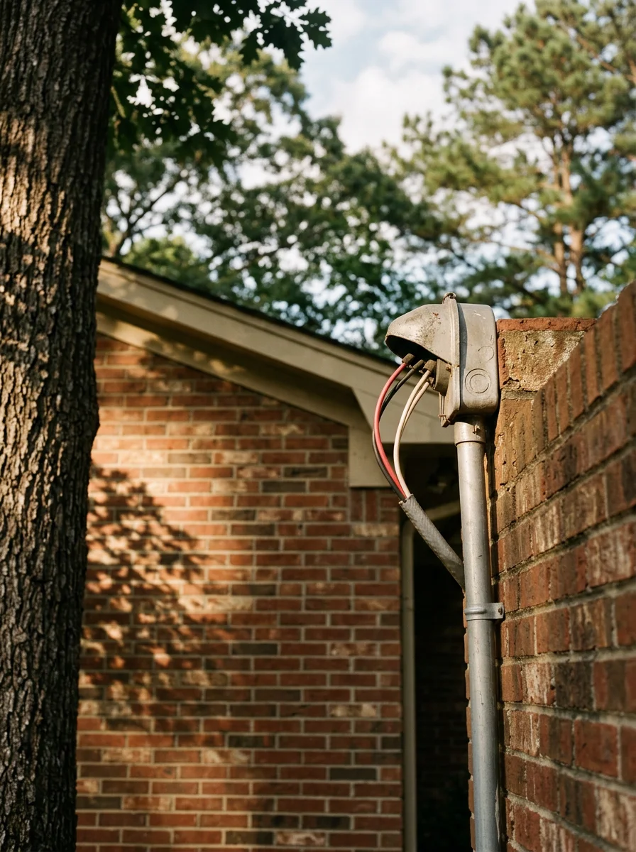 A weatherhead service entrance on a single-family home in Tyrone, GA, surrounded by mature trees, being inspected for storm damage by an electrician.