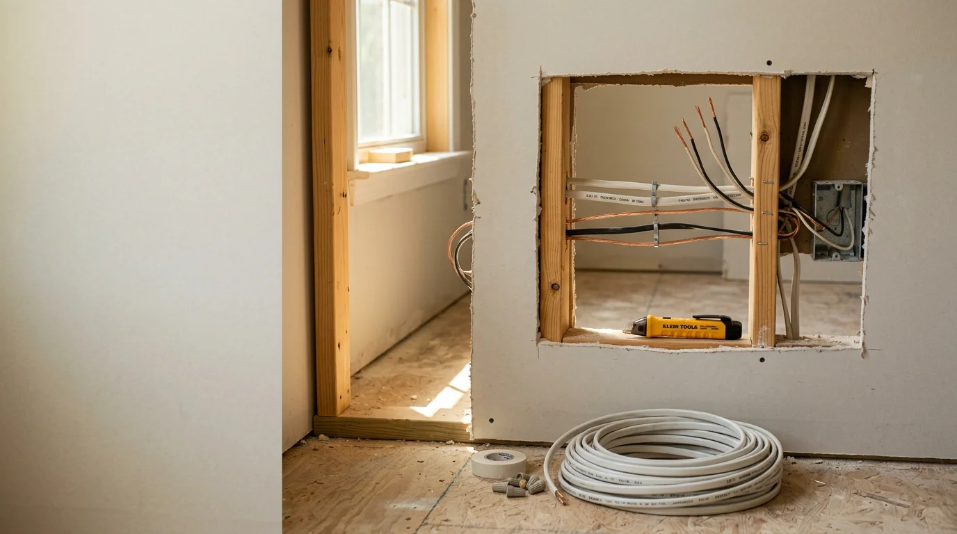 An electrician from Boyles Electric installing new wiring and a circuit in a residential home in Fayetteville, Georgia. The work area shows clean cable runs and a properly mounted junction box in a single-family home interior.