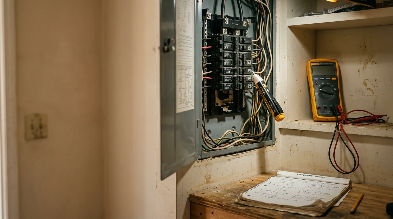 An electrician inspecting a residential electrical panel inside a home in Fayetteville, Georgia. The technician examines wiring connections during a repair service call.