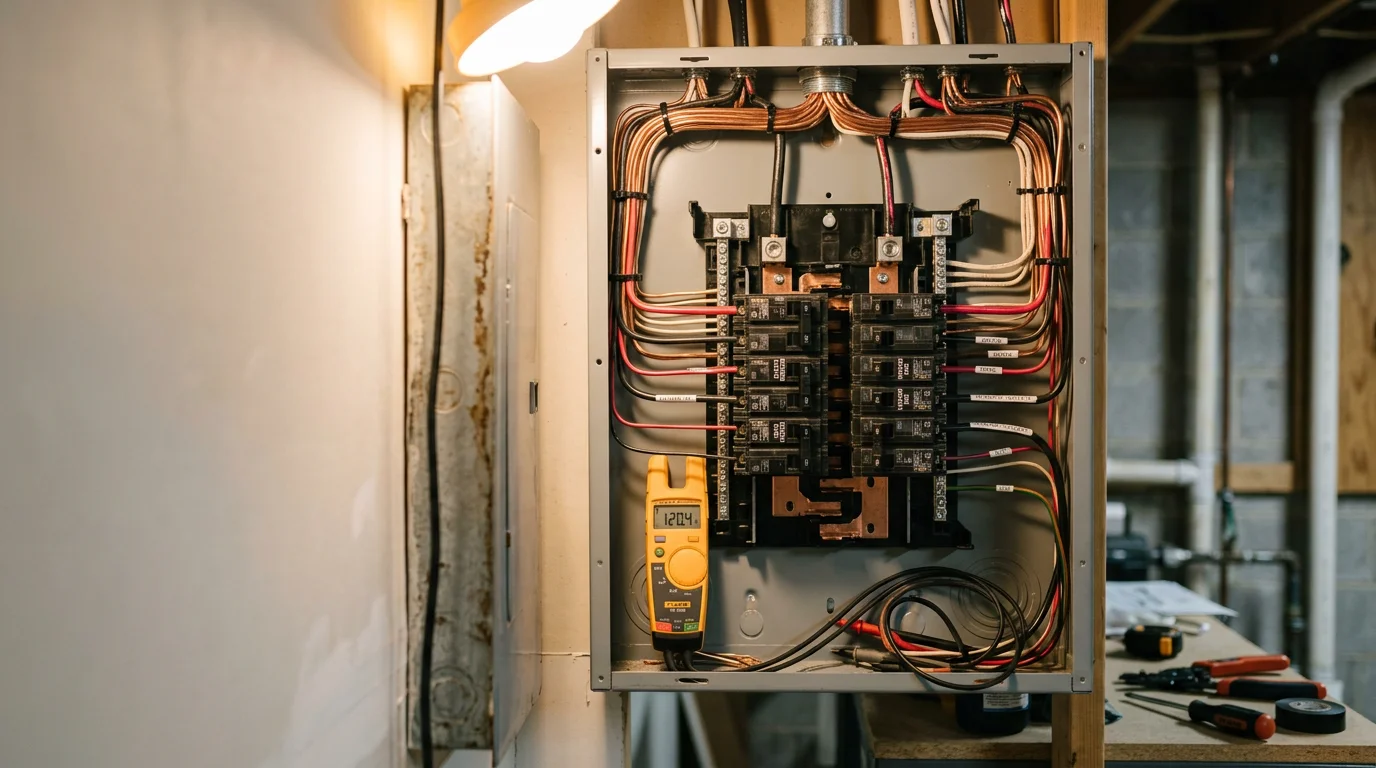 An electrician from Boyles Electric upgrading a residential electrical panel inside a Fayetteville, Georgia home. New wiring and circuit breakers are visible inside an open panel box mounted on a utility room wall.