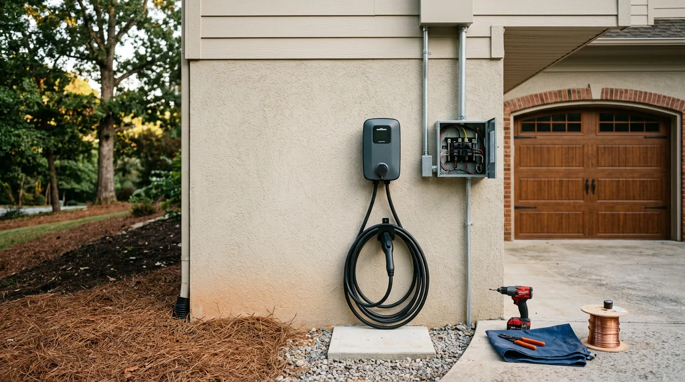 A residential EV power station mounted on the interior wall of a suburban garage in Fayetteville, Georgia, with a dedicated circuit cable running to the electrical panel. The charging unit is positioned at vehicle door height with a clean cable drop toward the floor.