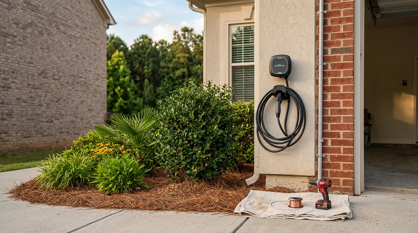 A wall-mounted EV power station installed in a residential garage in Fayetteville, Georgia, with a dedicated circuit running cleanly along the wall to the electrical panel. A licensed electrician from Boyles Electric inspects the completed installation.