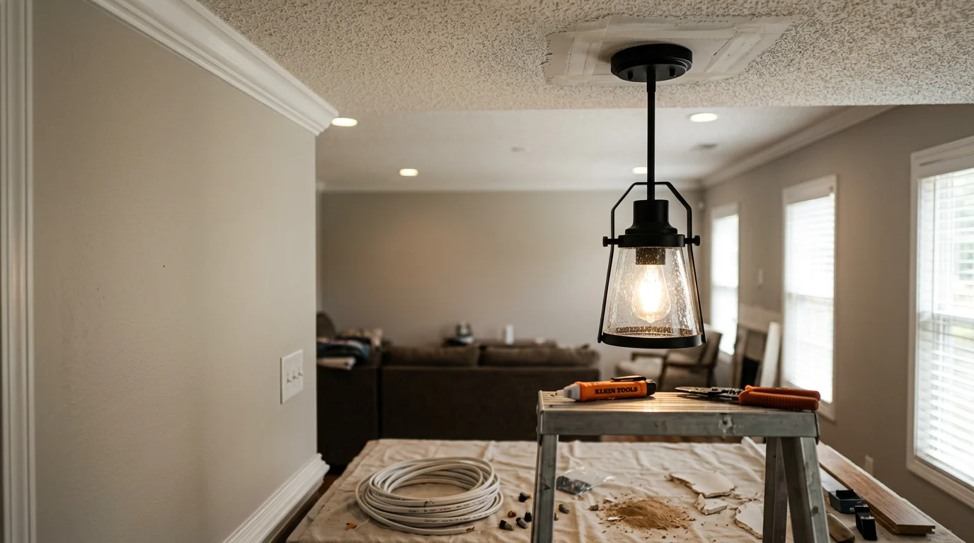 A licensed electrician installing a chandelier in a residential dining room in Fayetteville, Georgia. The ceiling fixture is centered above the table with clean wiring and a finished mounting plate visible.