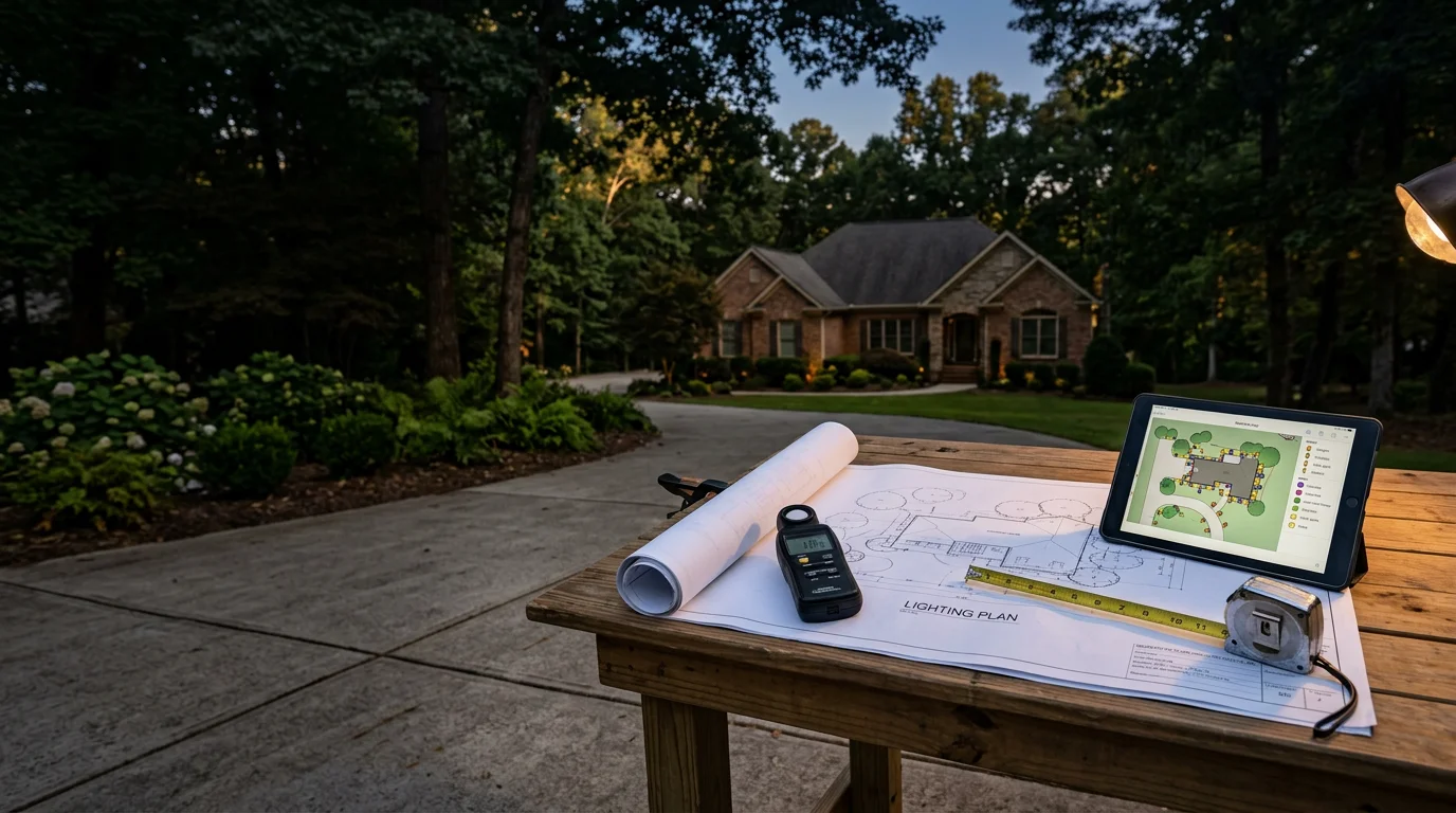 Custom landscape lighting design illuminating the front yard, walkway, and mature trees of a craftsman-style home in Fayetteville, Georgia at night. Pathway fixtures and uplights highlight the home's architectural features and landscaping after dark.