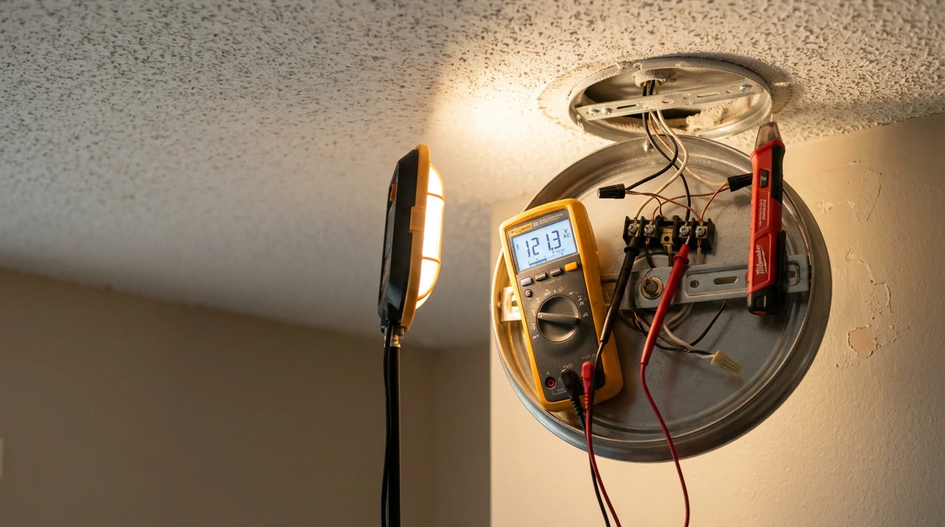 A lighting contractor from Boyles Electric inspecting a ceiling light fixture in a Fayetteville, Georgia home. The technician examines the fixture wiring and socket to diagnose the cause of flickering.