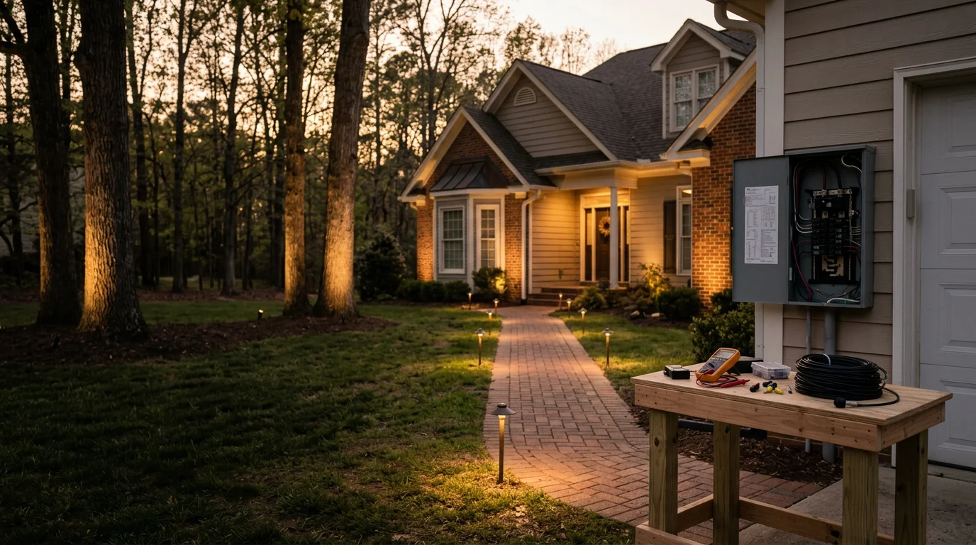 Outdoor lighting fixtures installed along a front walkway and entry of a residential home in Fayetteville, Georgia. Path lights illuminate the approach to the front door with the home's landscaping visible in the background.