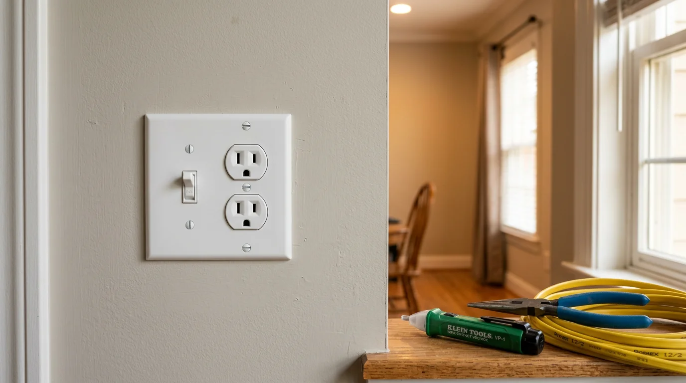 An electrician installing a new GFCI outlet in a residential kitchen in Fayetteville, Georgia. The wall plate is being secured over a properly wired receptacle in a freshly finished outlet box.