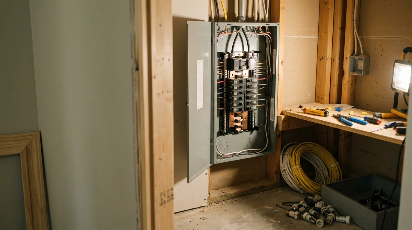 A newly installed residential electrical panel mounted on a utility room wall in a Fayetteville, Georgia home. The panel shows organized circuit breakers with clean wiring, replacing an outdated unit.