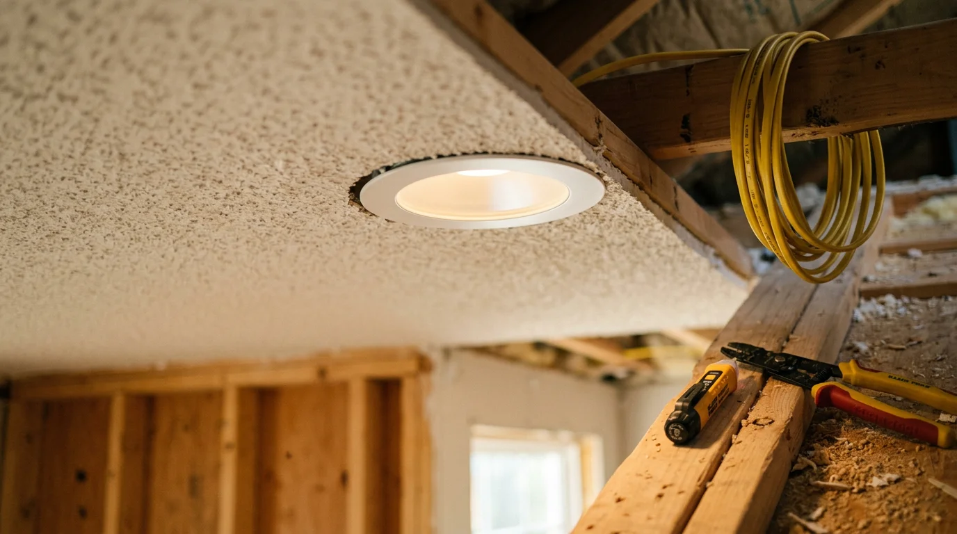 Newly installed recessed lighting fixtures in the ceiling of a Fayetteville, Georgia living room, showing evenly spaced lights casting clean, even illumination across the space.